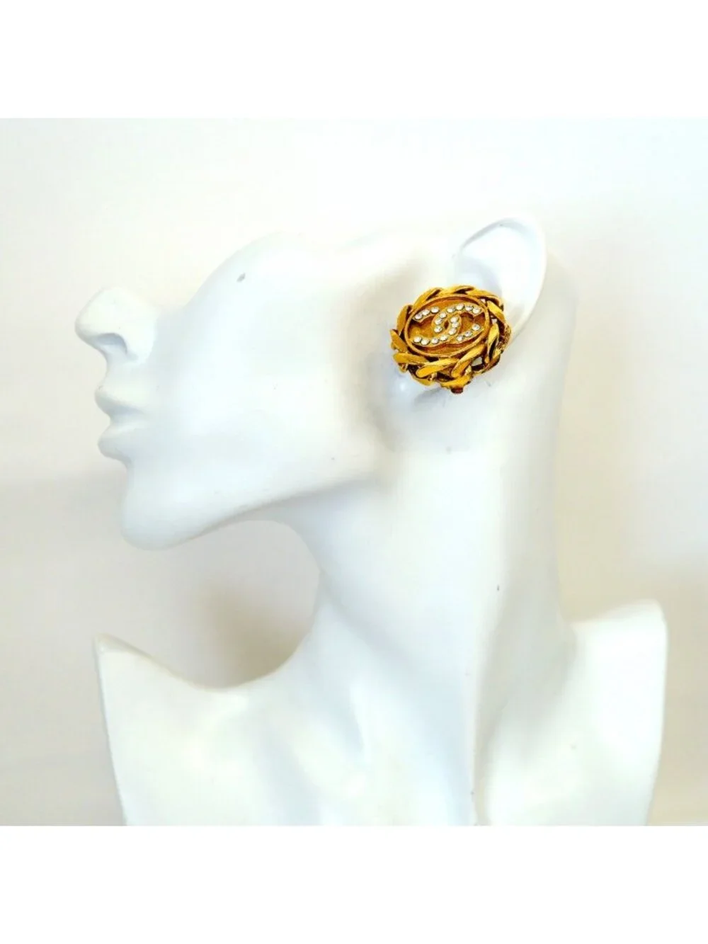 Chanel Earrings Vintage CC Logo Gold Plated Rhinestone